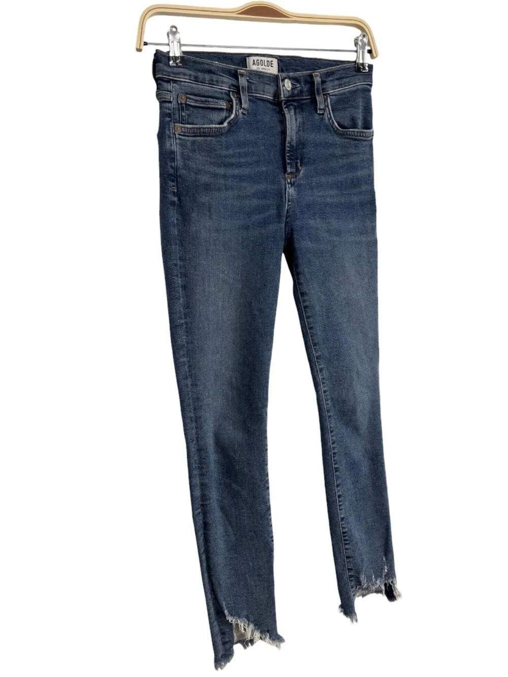 AGOLDE High Rise Skinny Jeans Raw Hem Medium Wash Stretch Denim Size 26